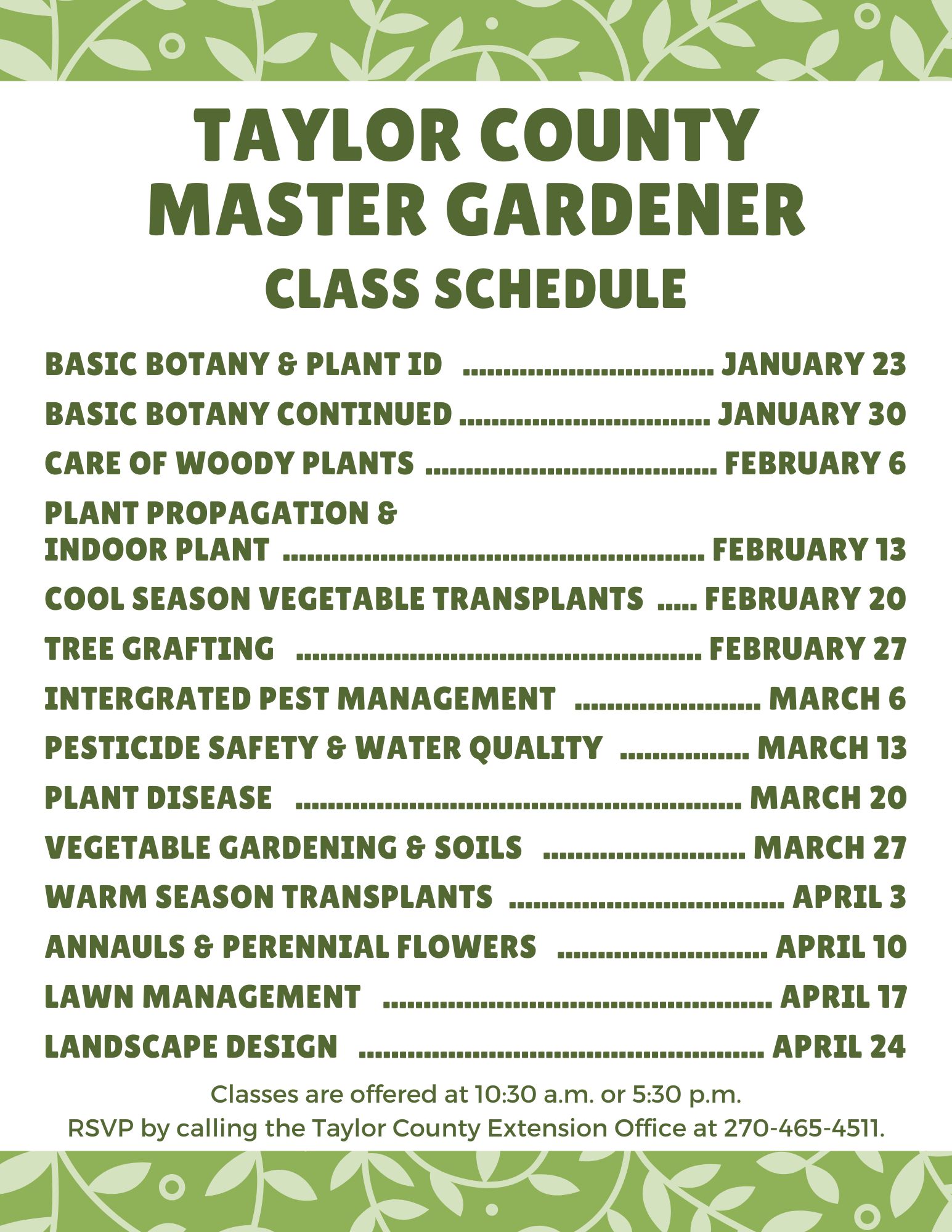 2025 Master Gardener Program Class Schedule