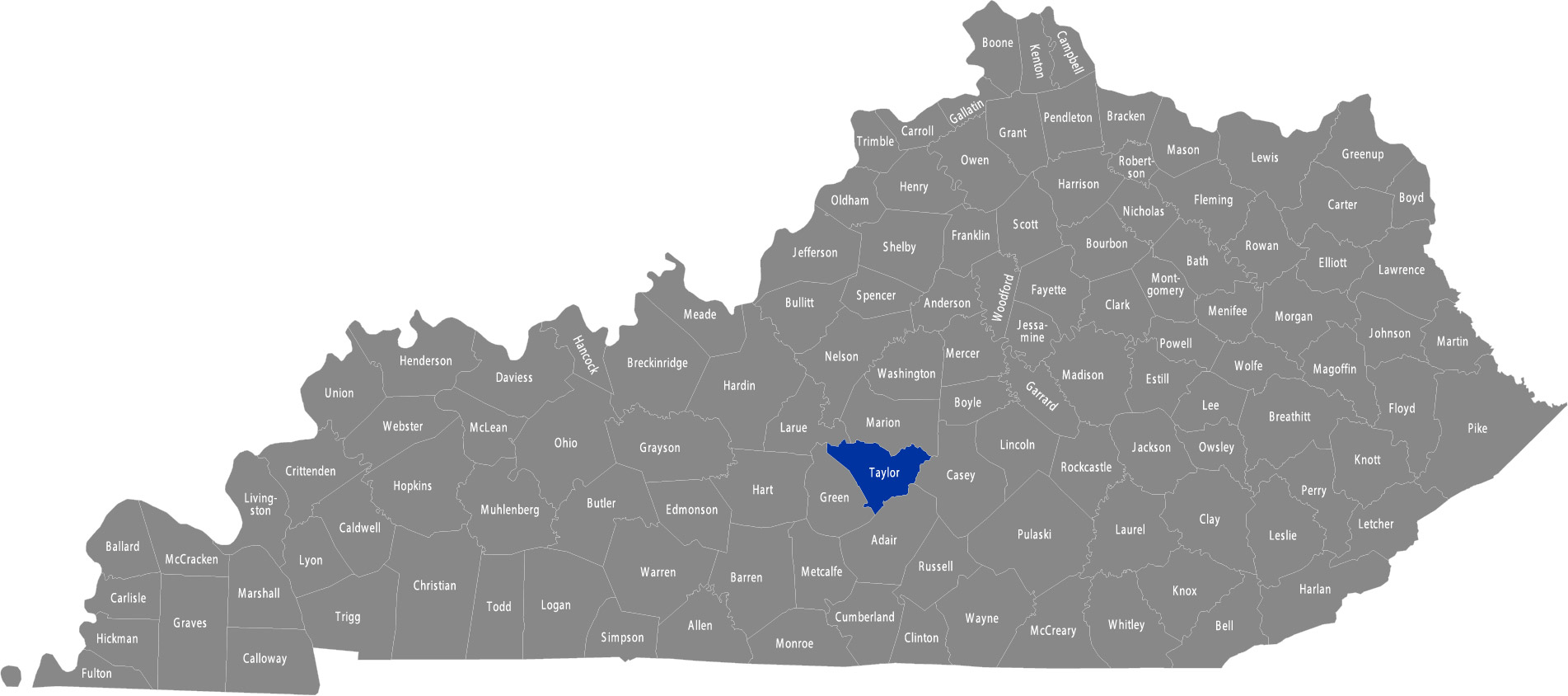 State of Kentucky map with Taylor County highlighted 